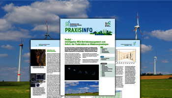 Eine Ausgabe der Praxisinfo, im Hintergrund ein Foto von Windrädern auf einem Feld