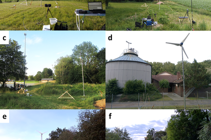 Six photographs of a small wind turbine in agricultural and rural locations.