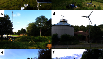 Six photographs of a small wind turbine in agricultural and rural locations.