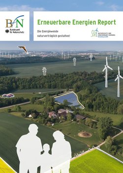 Titelseite des EE-Reportes: Eine Landschaft mit skizzierten EE-Anlagen