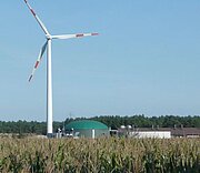 Wind turbine, biogas plant and a maize field