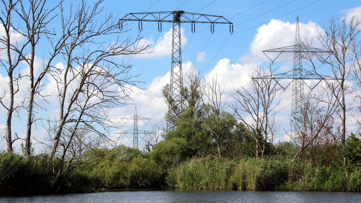 Electricity pylons close to a lake